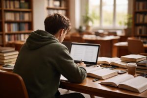 etudiant-table-bibliotheque-livres-ordinateur