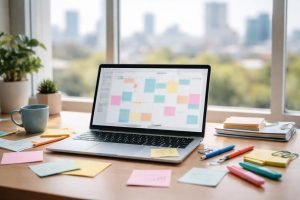 bureau-moderne-ordinateur-notes-vue-ville