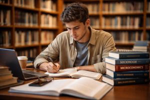 etudiant-concentre-table-livres-bibliotheque